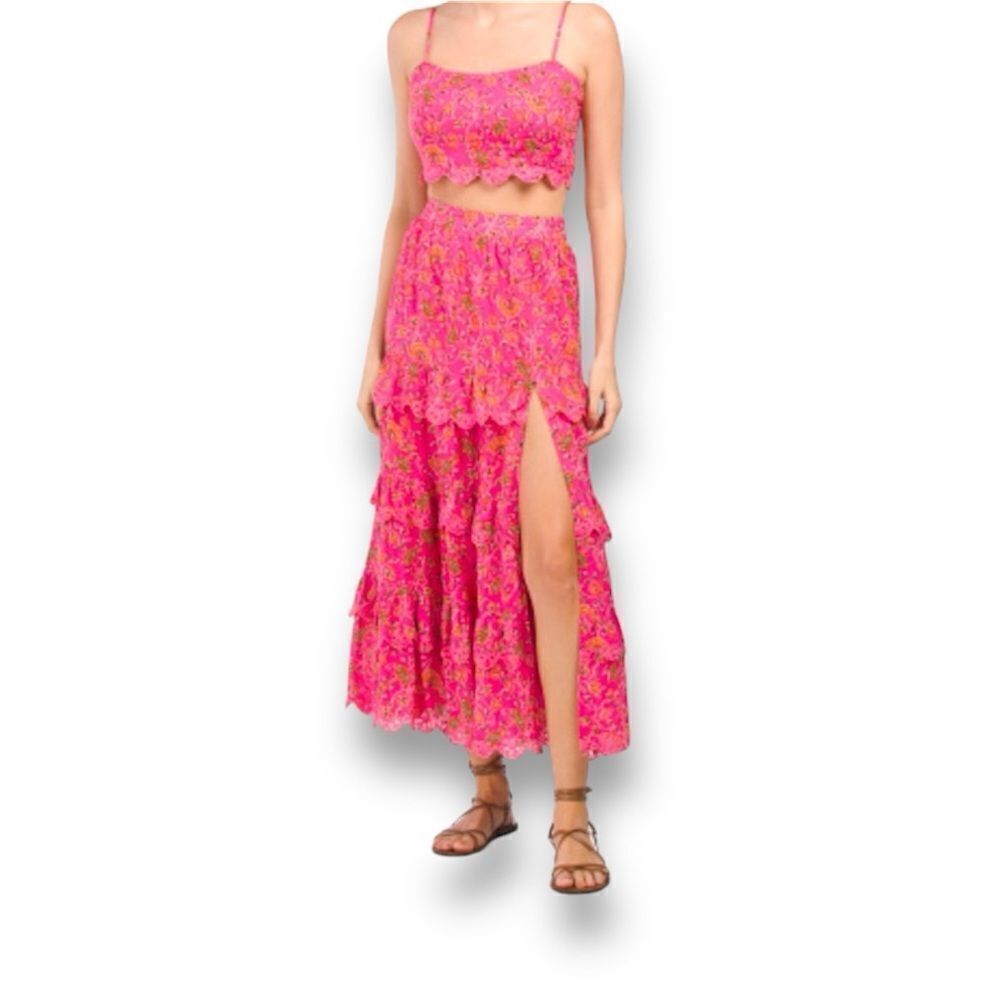 Caroline Constas 2 pc Floral Tiered Skirt & Crop Top Set in Pink, NWT, Size S